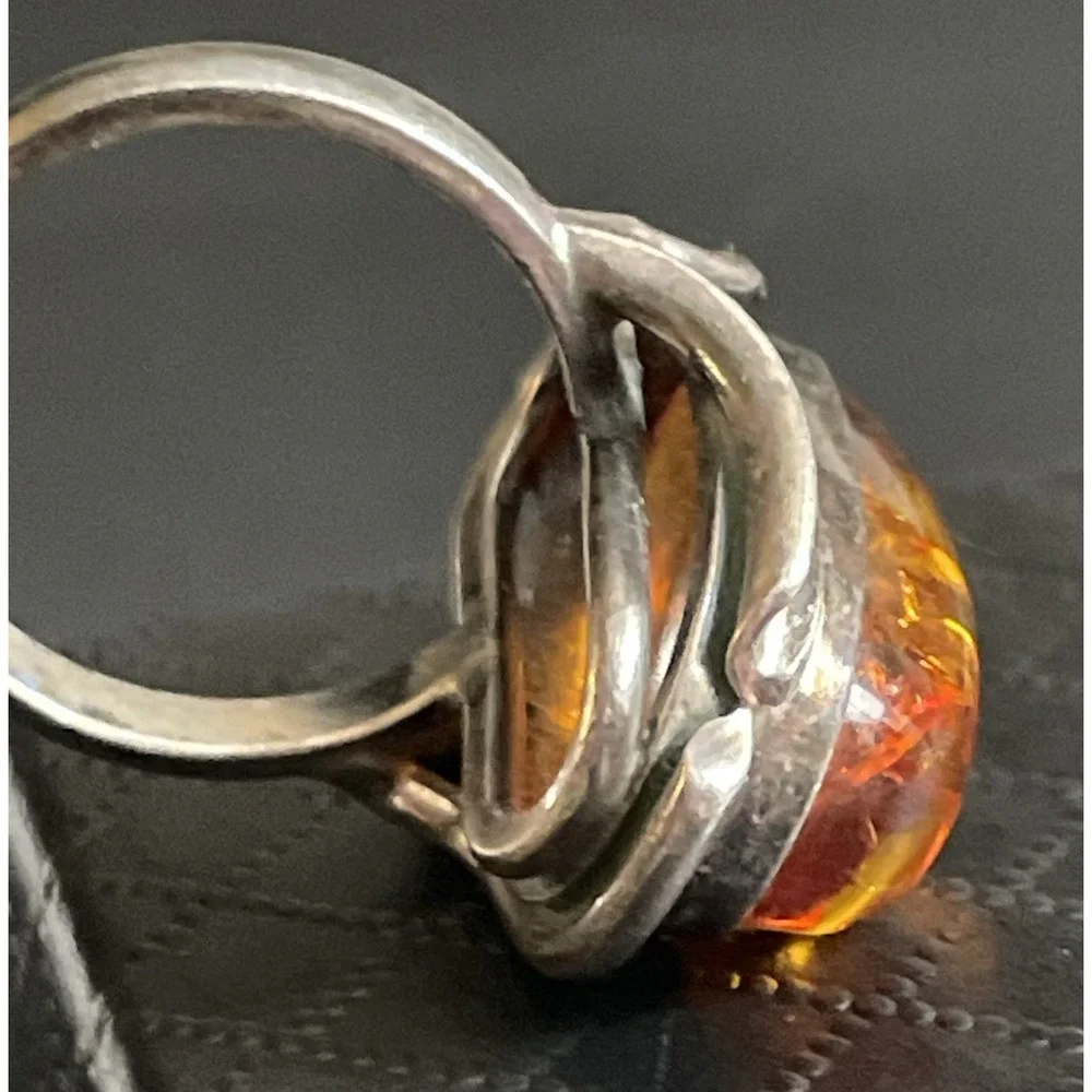 Sterling Silver Amber Ring‎ Statement Chunky 925 Calla Lily Artisan Size 6